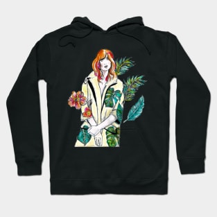 Woman with Red hair in a yellow floral coat - Fashion Illustration. Hoodie